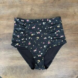 NWT AERIE Bikini‎ Bottom Size Medium Black Floral Hi Rise Swimsuit Swim